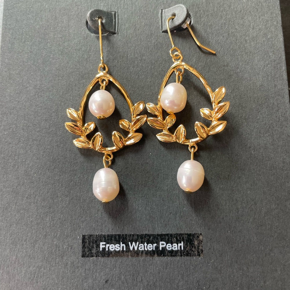 J Crew Gold Freshwater Pearl Leaf Drop Earrings